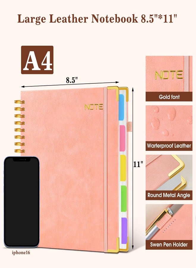 dilitego Hardcover Large Spiral Notebook 8.5" x 11" with Removable Dividers Tabs, 300 pages Leather 5 Subject Notebook College Ruled, A4 Journal for Women Men, Notebooks for Work School Note taking, Pink - Image 2